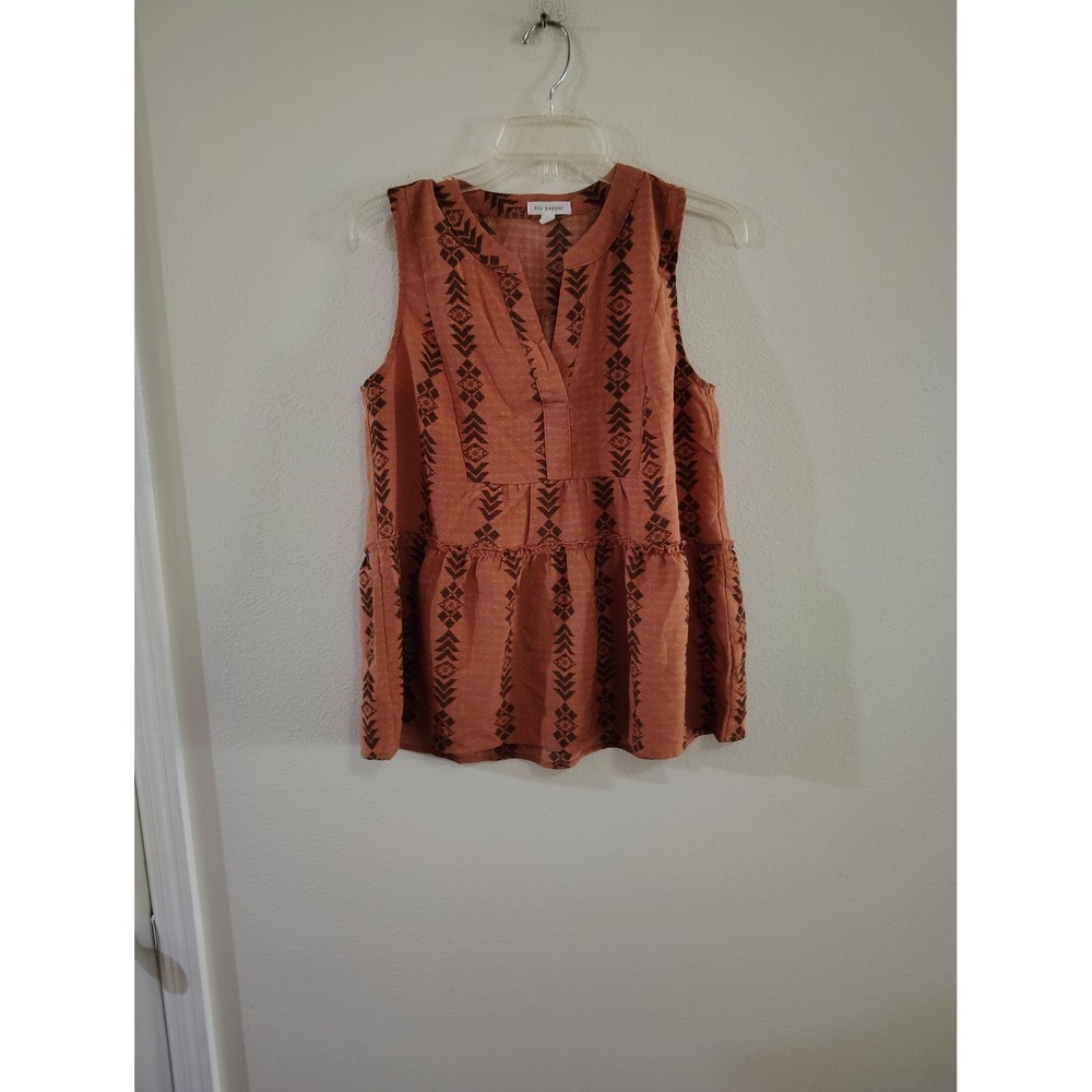 Blu Pepper Womens Rust Orange Tribal Print Sleeveless Tiered Babydoll Top Small